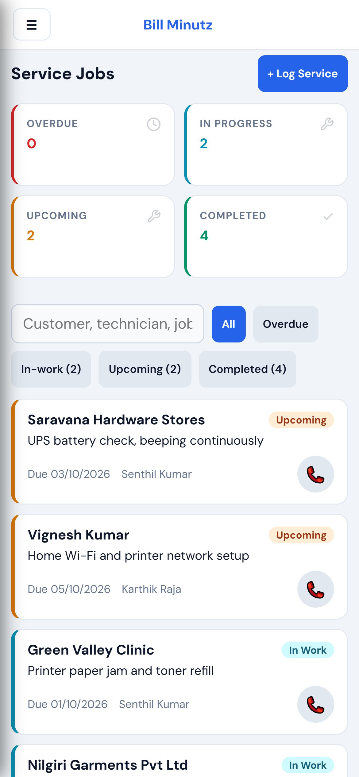 Service jobs on a phone: counts by status and job cards with a call button
