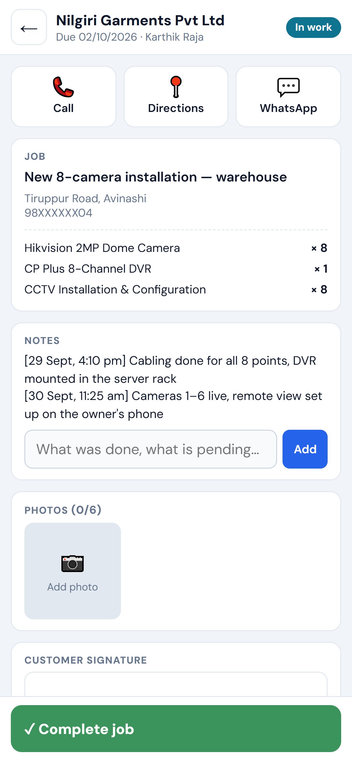 One service job on a phone: call, directions and WhatsApp buttons, parts, timestamped notes, photos and the Complete job button